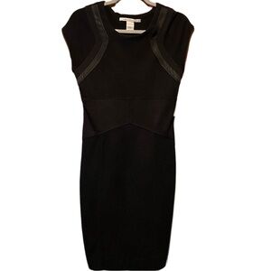 DVF Diane Von Furstenberg Black Bodycon Dress Faux Leather Detail Stretch Size 6